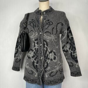 HARLEY OF SCOTLAND Womens Wool Blend Gray Black Button Cardigan Sweater